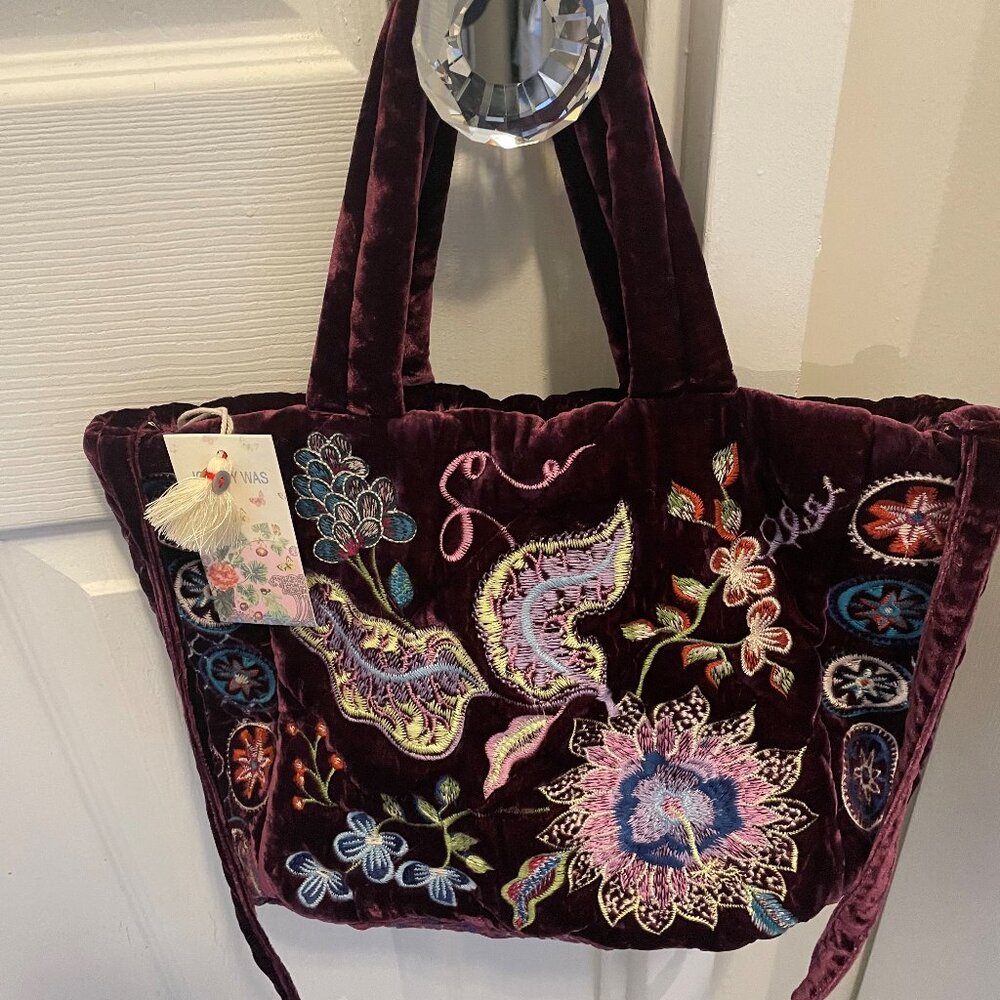 JOHNNY WAS PACIFICA QUILTED VELVET TOTE BAG IN EGGPLANT new nwt